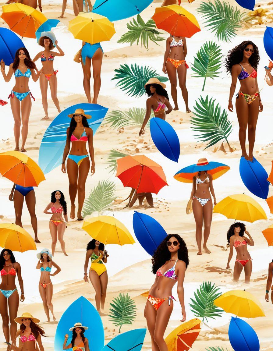 A vibrant beach scene featuring diverse models showcasing various bikini styles and beachwear trends, surrounded by colorful beach umbrellas, sun hats, and surfboards. The sun is shining, casting a warm glow on the sand, with waves gently crashing in the background. Incorporate tropical elements like palm trees and seashells to evoke a summer vibe. super-realistic. vibrant colors. white background.