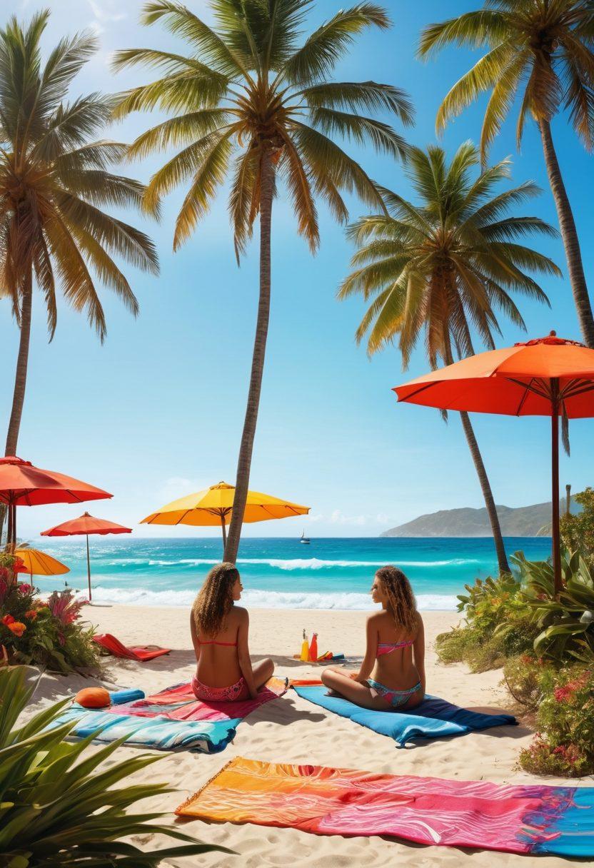 A vibrant beach scene showcasing diverse beachwear fashion, featuring individuals of various lifestyles enjoying the sun, surf, and sand. Include colorful umbrellas, surfboards, and beach towels, with a backdrop of sparkling ocean waves and palm trees swaying in the breeze. The scene should portray a sense of relaxation and community, inviting viewers to embrace the beach culture. bright colors. tropical vibe. super-realistic.